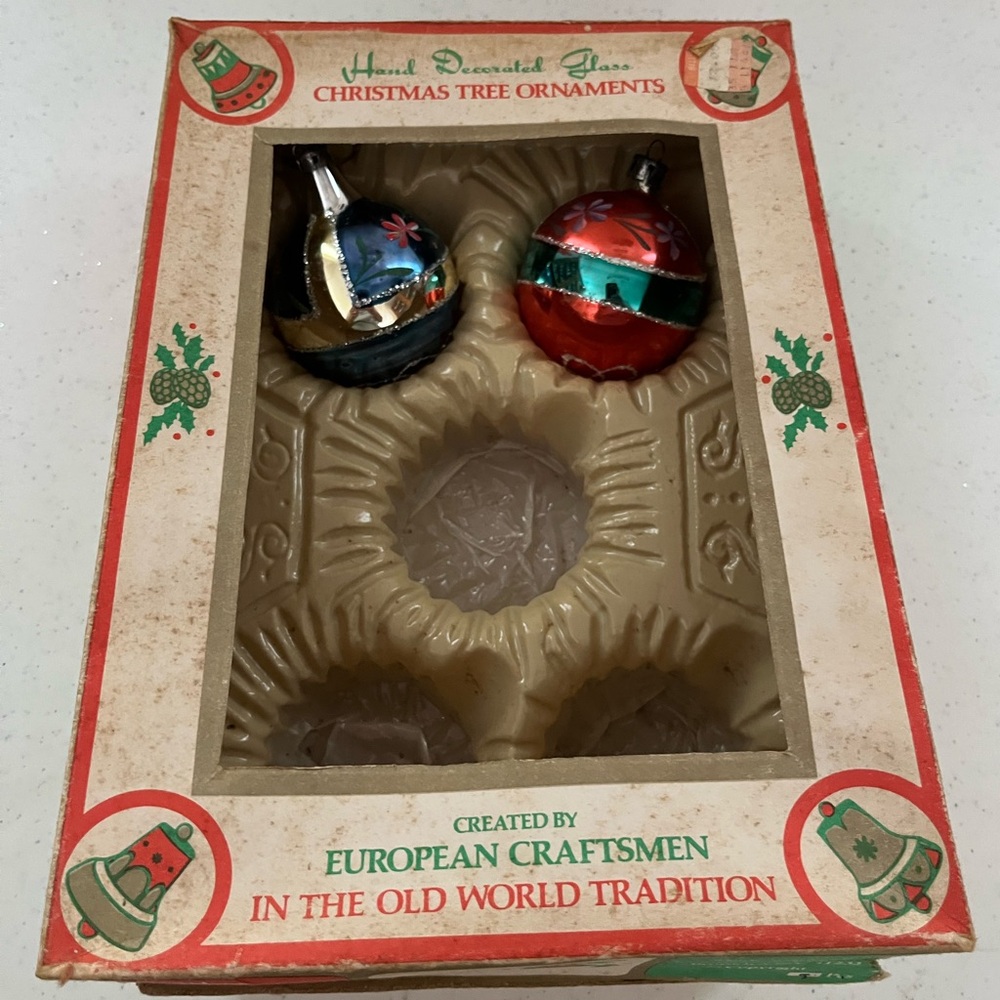 Vintage Hand Decorated Glass Christmas Tree Ornaments - set of 2